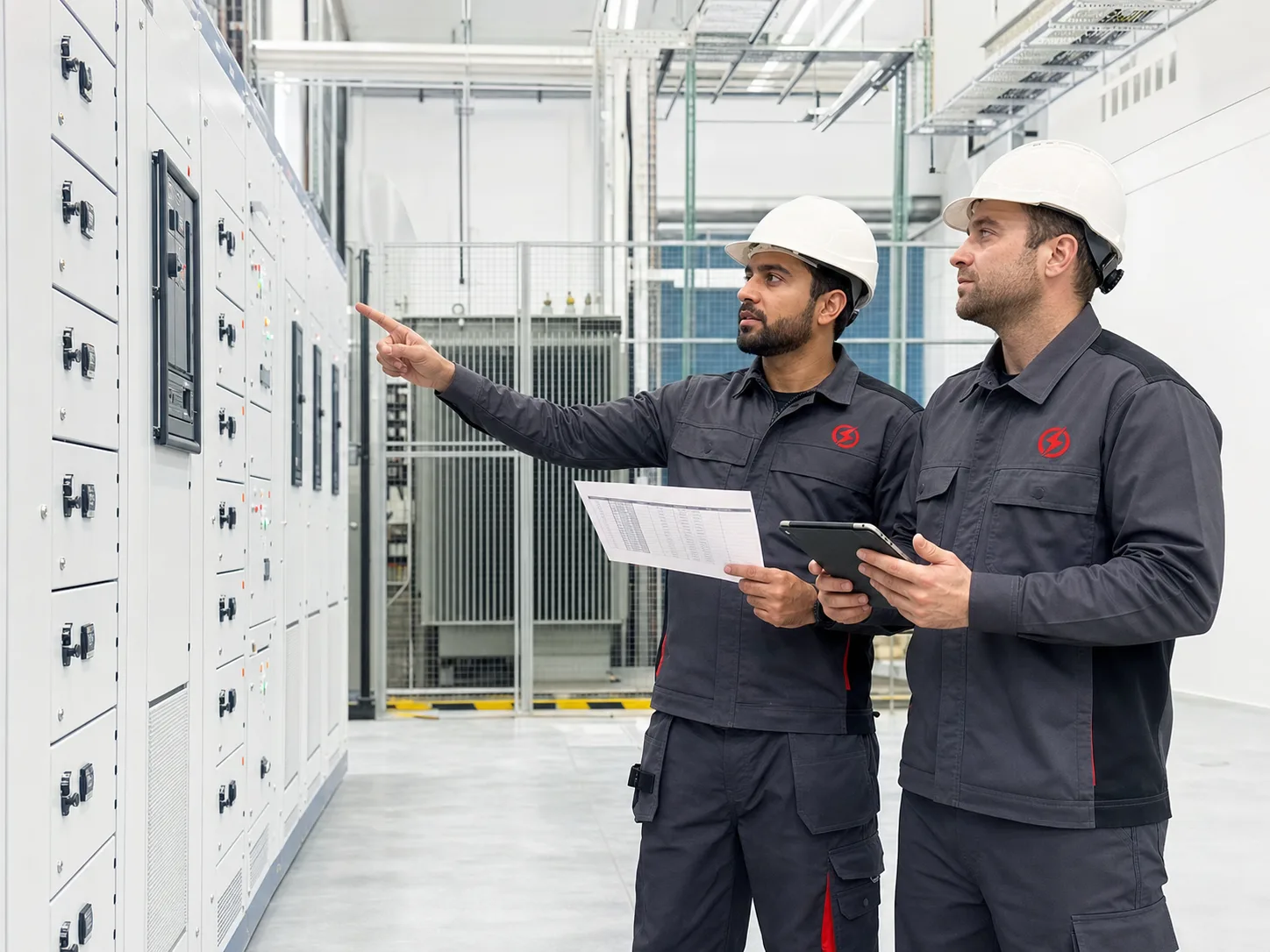 Voltronix electrical engineers reviewing switchgear for a warehouse power upgrade