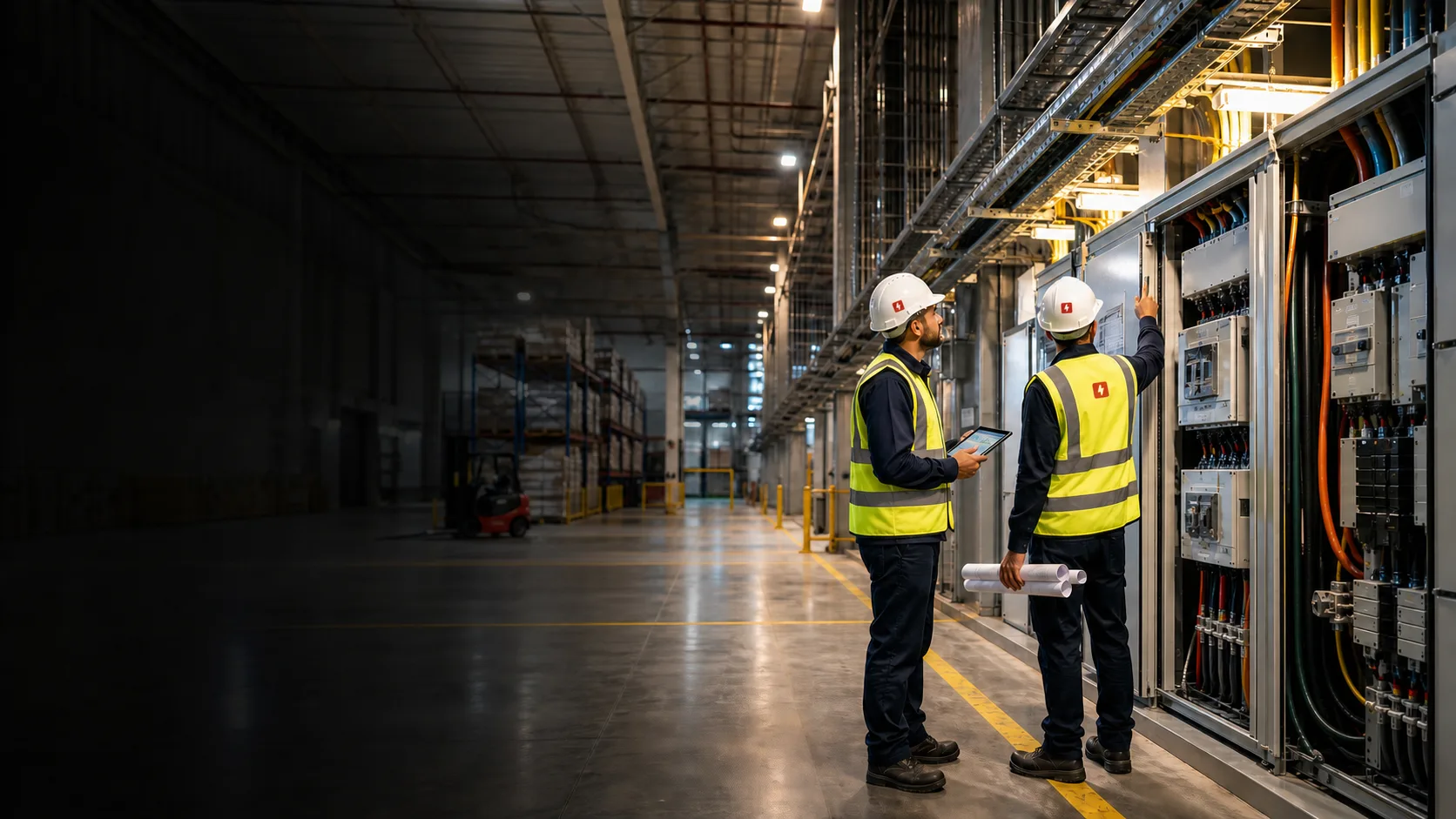Warehouse power upgrade electrical room with Voltronix engineering team